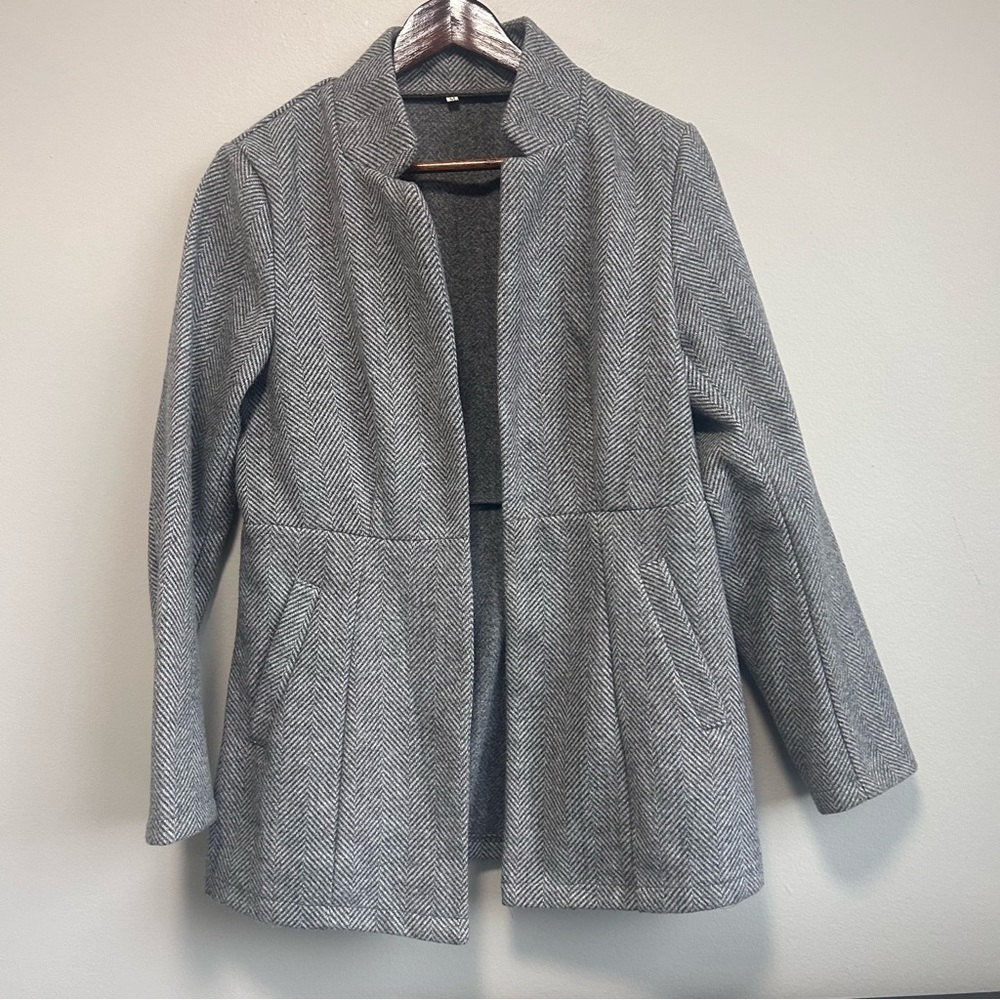 Women’s Herringbone Open Front Blazer Coat Jacket Structured Tailored Medium